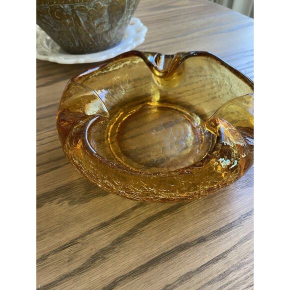 Vintage Midcentury Viking Glass Amber Crackle Glass Dish Bowl Ashtray MCM - Picture 2 of 8